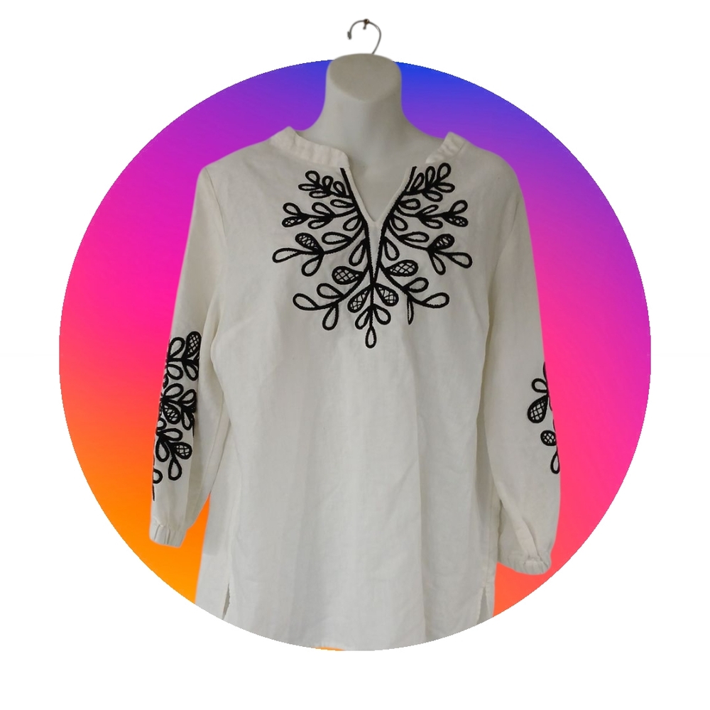 Talbots Cream Tunic with Black Embroidery and Mandarin Collar
